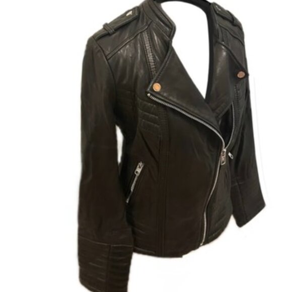 Michael Kors Leather Moto Jacket Full Zip Biker Jacket Zip Pocket Black Wm M NEW - Picture 1 of 12